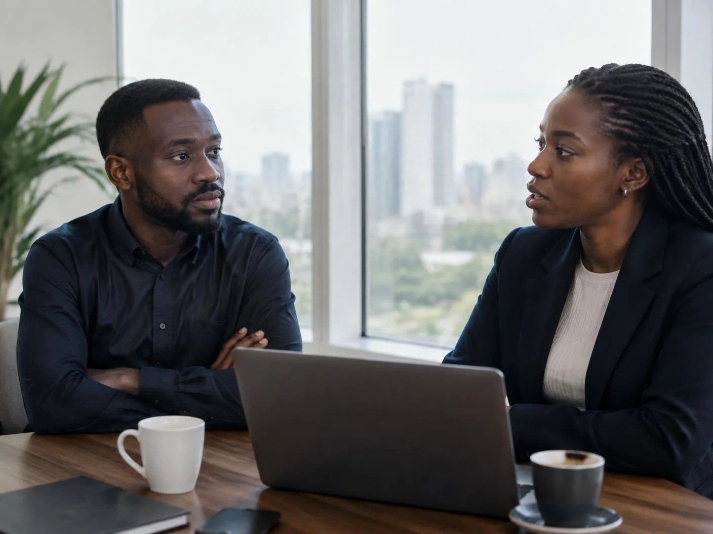 Two account leads talking across a meeting table beside a bright window