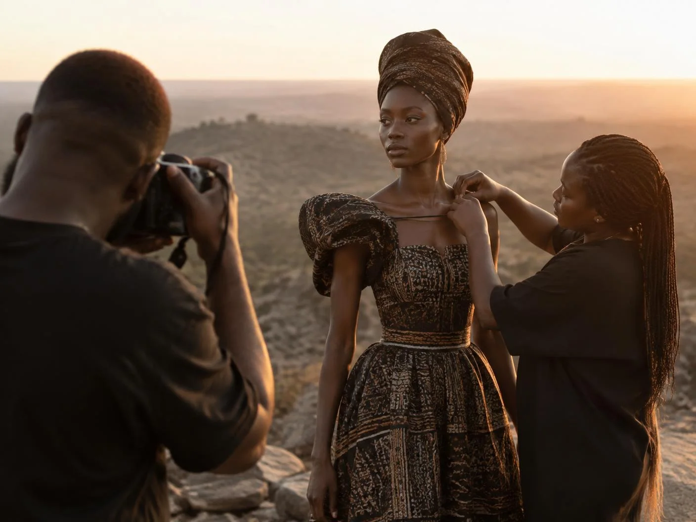 Fashion campaign shoot on location at golden hour