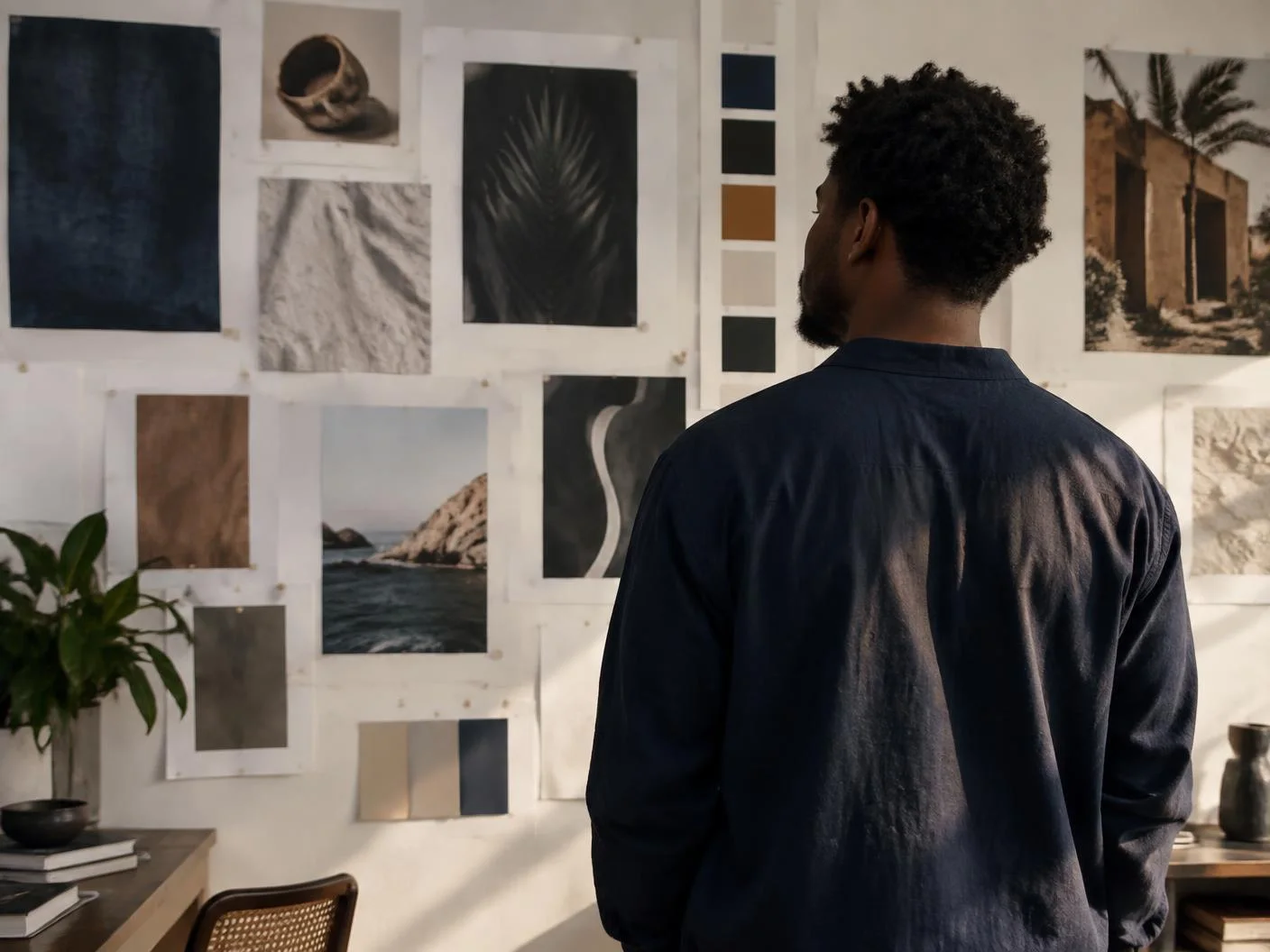 Designer studying a wall of pinned brand identity prints and colour swatches