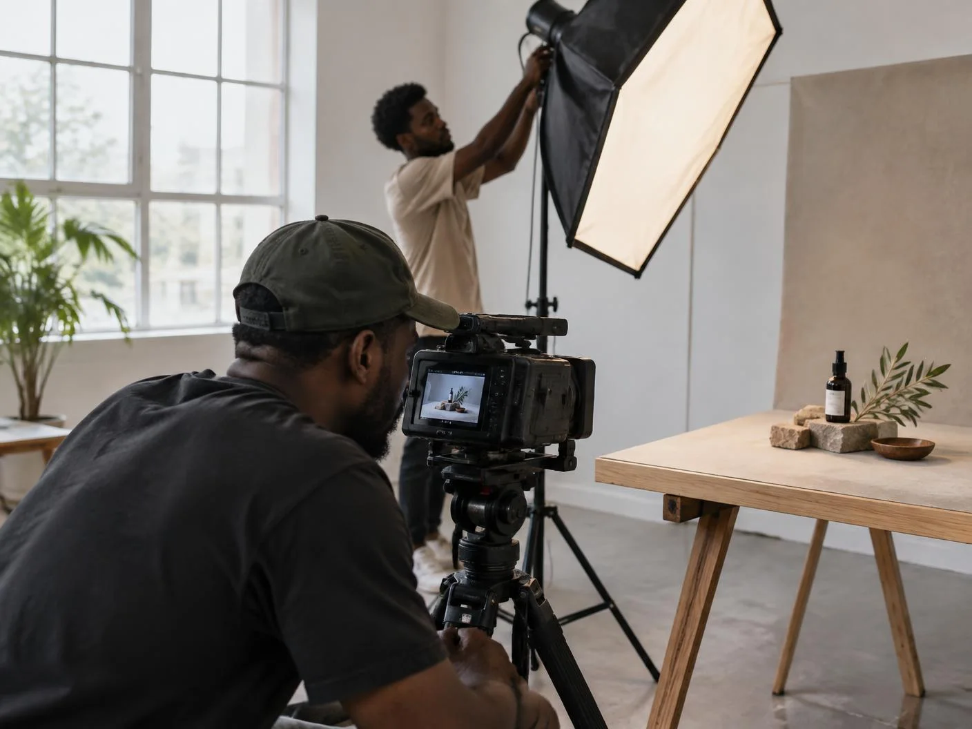 Videographer filming a product setup with a cinema camera