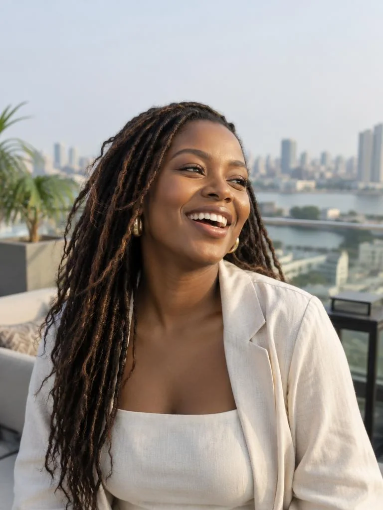 Nigerian travel and culture creator on an urban terrace